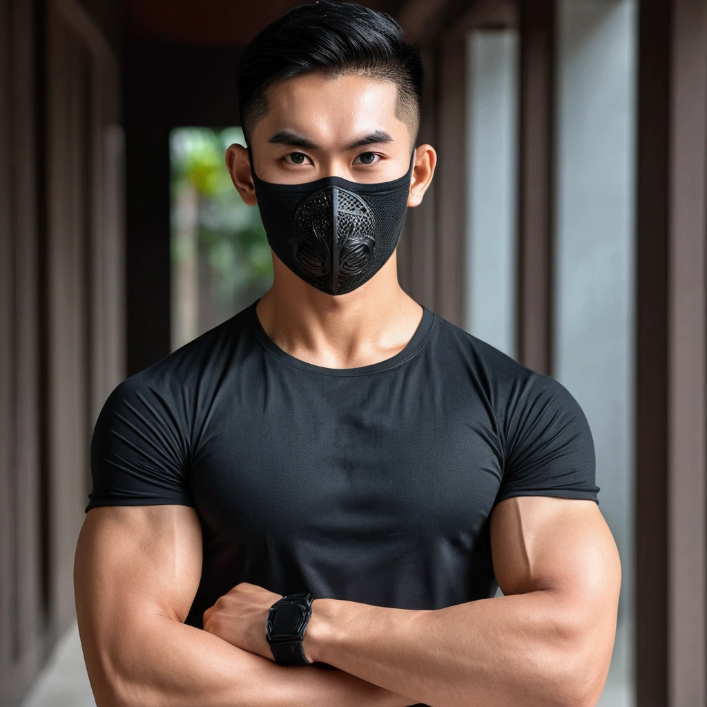 Young man with a Thai-Asian face,small eyes,Sharp eyebrows ,8K images,realistically,Wear a tight sports t-shirt.,Have muscles,Wear a black mask to cover your face.,Secondary hair style