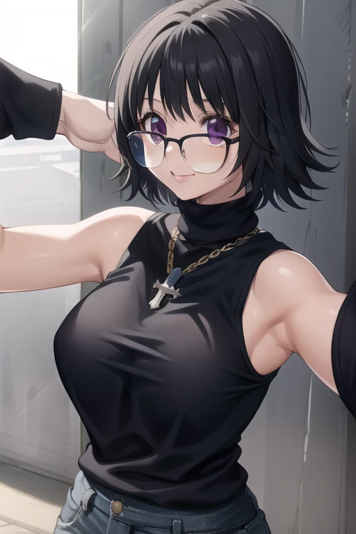 1girl, (masterpiece:1.3), (high resolution), (8K), (extremely detailed), (4k), (pixiv), perfect face, nice eyes and face, (best quality), (super detailed), detailed face and eyes, (solo), textured skin, absurdres, highres, shizukuwz, glasses, pants, jeans, black hair, short hair, cross necklace, sleeveless, turtleneck, black sleeveless sweater, purple eyes, inverted cross, pov, selfie, smile, nature, city, sunlight,