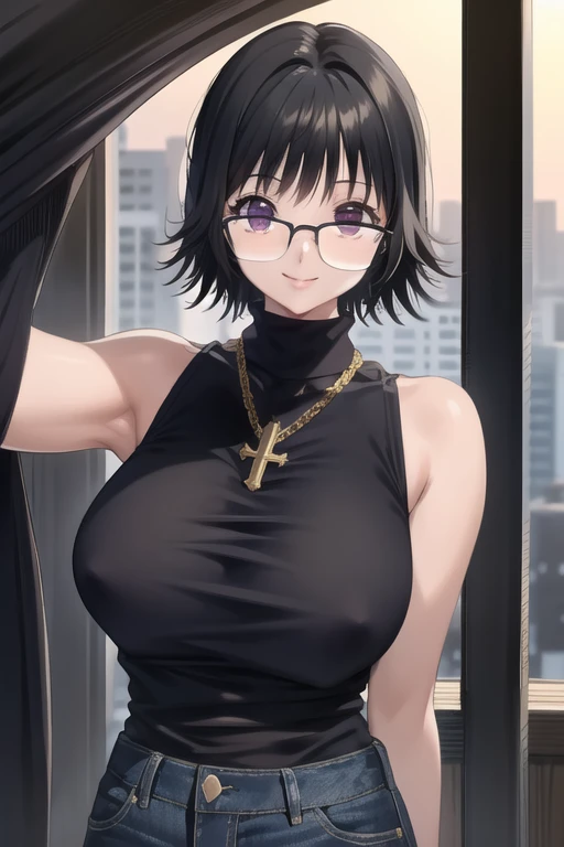 1girl, (masterpiece:1.3), (high resolution), (8K), (extremely detailed), (4k), (pixiv), perfect face, nice eyes and face, (best quality), (super detailed), detailed face and eyes, (solo), textured skin, absurdres, highres, shizukuwz, glasses, pants, jeans, black hair, short hair, cross necklace, sleeveless, turtleneck, black sleeveless sweater, purple eyes, inverted cross, pov, selfie, smile, nature, city, sunlight,