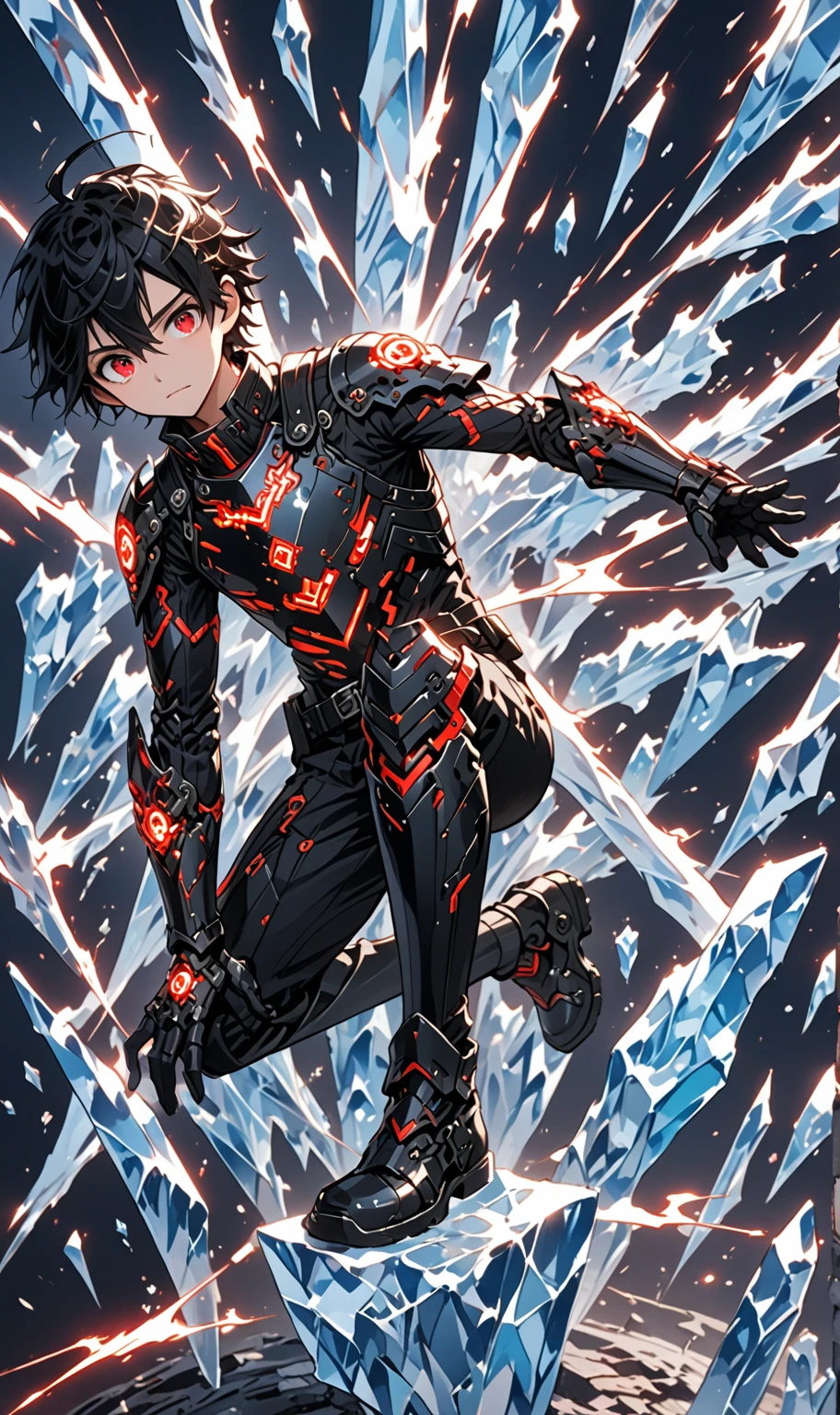 1boy, masterpiece, best quality, very aesthetic, absurdres,newest, anime style, sung jin woo,  solo leveling, black hair, HairDetailer, short hair, (ice neon black tech samurai armor:1.3)), (White kirito jacket:1.3), (glows deep ruby red eyes:1.2), (gradient eyes:1.2), (symmetrical eyes:1.2), big highlight on eyes:1.3), BeautifulEye, dynamic angle, thunder clap pose, GoodHands, intricate, surreal, intricate, Add Detail, 