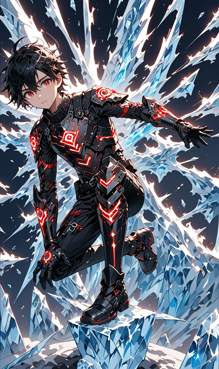 1boy, masterpiece, best quality, very aesthetic, absurdres,newest, anime style, sung jin woo, solo leveling, black hair, HairDetailer, short hair, (ice neon black tech samurai armor:1.3)), (White kirito jacket:1.3), (glows deep ruby red eyes:1.2), (gradient eyes:1.2), (symmetrical eyes:1.2), big highlight on eyes:1.3), BeautifulEye, dynamic angle, thunder clap pose, GoodHands, intricate, surreal, intricate, Add Detail,