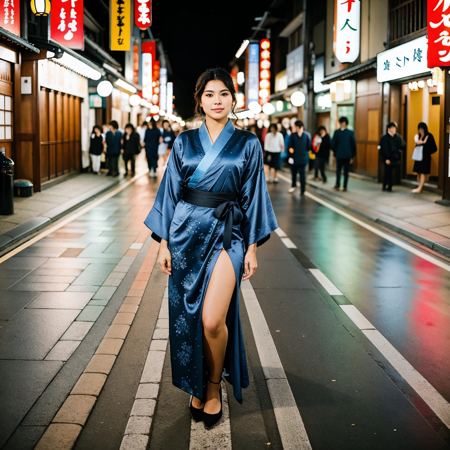 ((best quality)), ((masterpiece)), (detailed),  full body portrait of a young latin woman with wavy dark hair, flawed skin and a slender body type, posing in a beautiful colored japanese kimono, on a street in Ueno, Tokyo, at night, perfect face, perfect hands, five fingers, shot with Sony Alpha A6500 1.4f, bokeh, highly detailed, masterpiece, 

