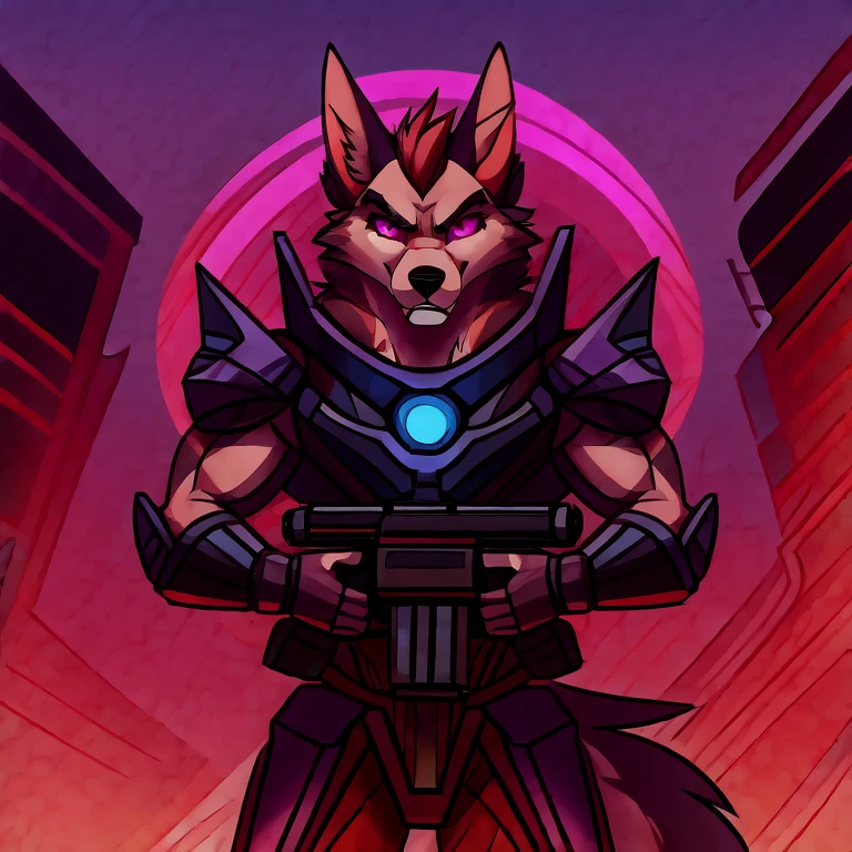 (masterpiece, best quality: 1.2), Anubis Hellhound, a bodyguard, wolf, furry, brown fur, an amazing boss, hypnotized with glowing purple eyes, serious and angry face, wearing futuristic armor, wearing futuristic armor, using a Pulse Rifle, Energy Rifle, Futuristic assault rifle, hell streets background