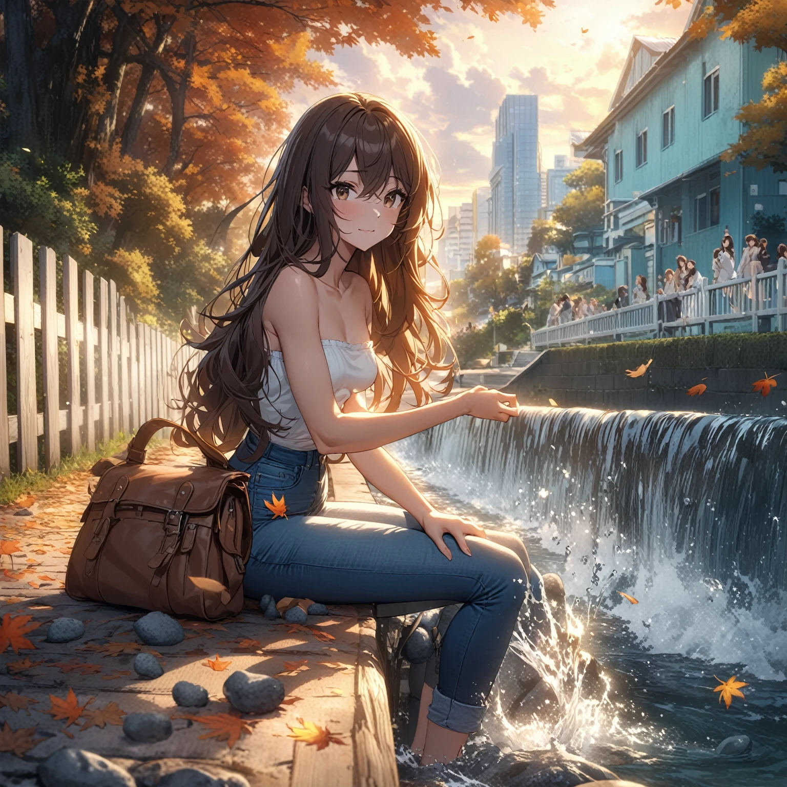 Best quality, masterpiece, young woman sitting on bench and throwing rocks at water, with very long brown hair swept bangs and brown eyes, strapless white shirt, rolled up jeans, satchel, small breasts, thin, toned arms, creek, outdoors, autumn, sunrise, tropical, clouds,teal buildings, white steps, fence, road, people in background, falling leaves,