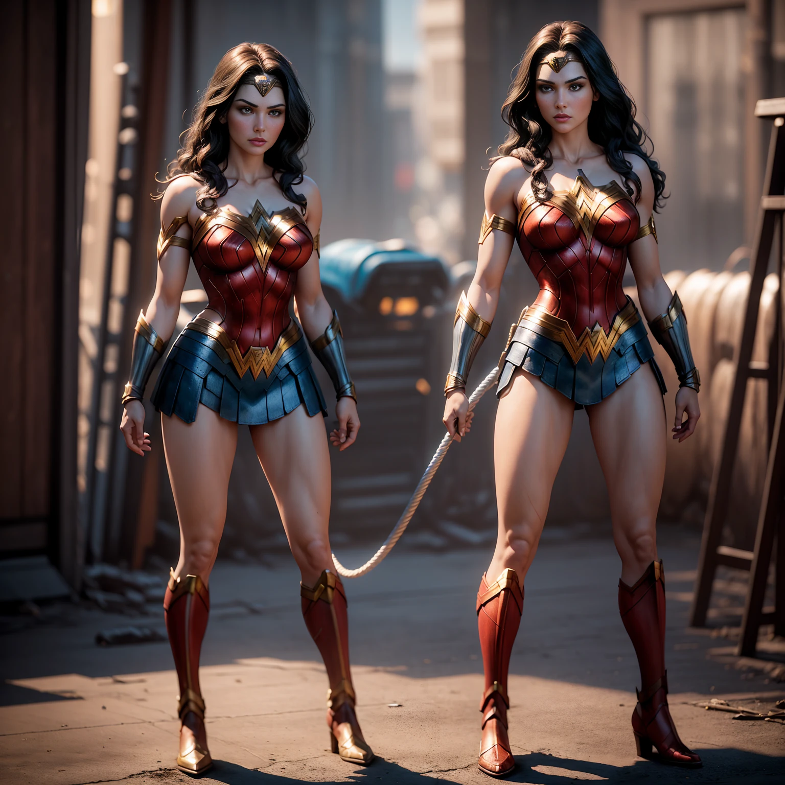 ((Full body photo, standing, feet on the ground))  Wonder Woman with her glowing Lasso of Truth, photo-realistic, octane render, unreal engine, ultra-realistic