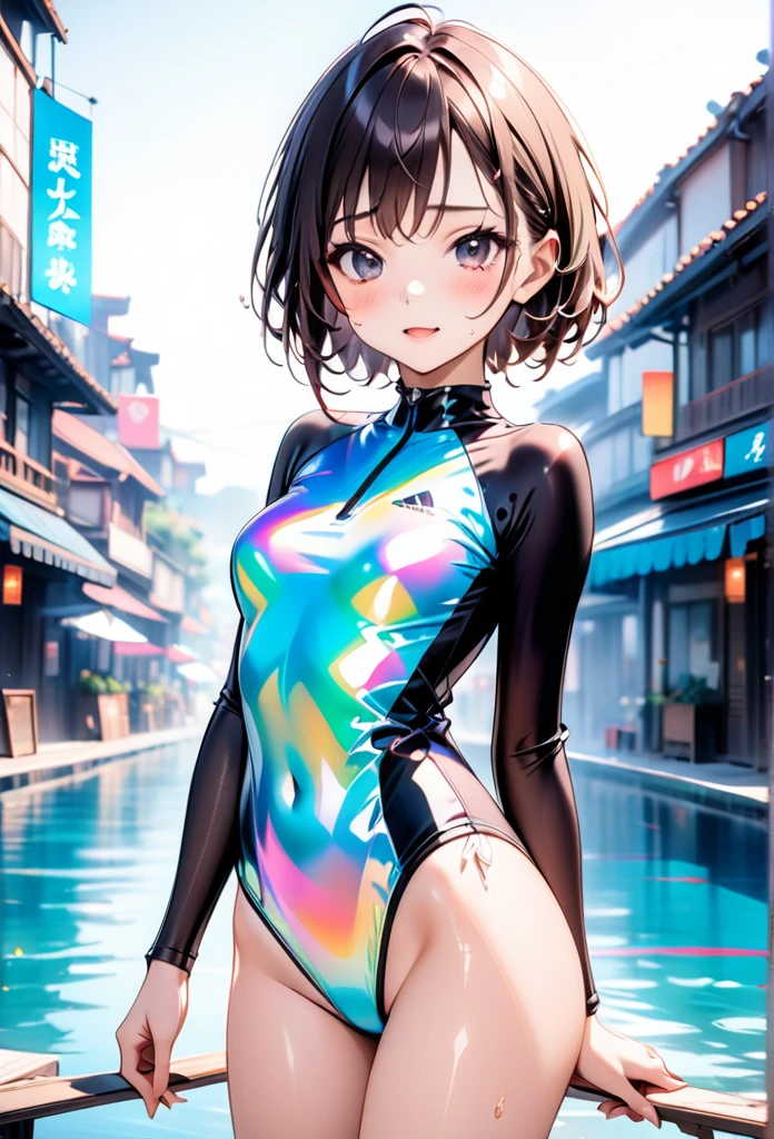 ((rash guard)), ((swimsuit sides see-through)), ((The swimsuit is a vivid color)), holographic fabric, skindentation, skinny, solo, 1 woman, Masterpiece, highest quality, highest quality, 16K, incredibly absurd, highly detailed, 2.5D, ai-generated, delicate and dynamic, very delicate facial expressions, delicate eye depiction, erotic, only sexy woman, ((A cute and kind face)), healthy figure, 25-year-old woman, bride, 160cm tall, medium firm swaying bust, (dark hair), black eye, blush, Sweat,Embarrassed,sexy, ((thin thighs)), (Erect nipples:0.7), (visible nipples:0.5), ((shiny and lustrous)), facing straight at viewer, ((brown black skin)), ((Oily_skin)), sweaty skin, wet skin, (suntan), dutch angle, ((sexy pose)), Dynamic poses, ((Summer Sea)), Strong sunlight, ((On the open sea)), ((sexy pose)), (((Have fun in the sea))),