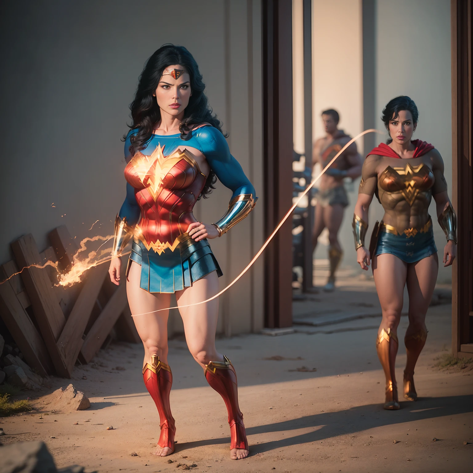 ((Full body photo, standing, feet on the ground)) Wonder Woman with her glowing Lasso of Truth, photo-realistic, octane render, unreal engine, ultra-realistic