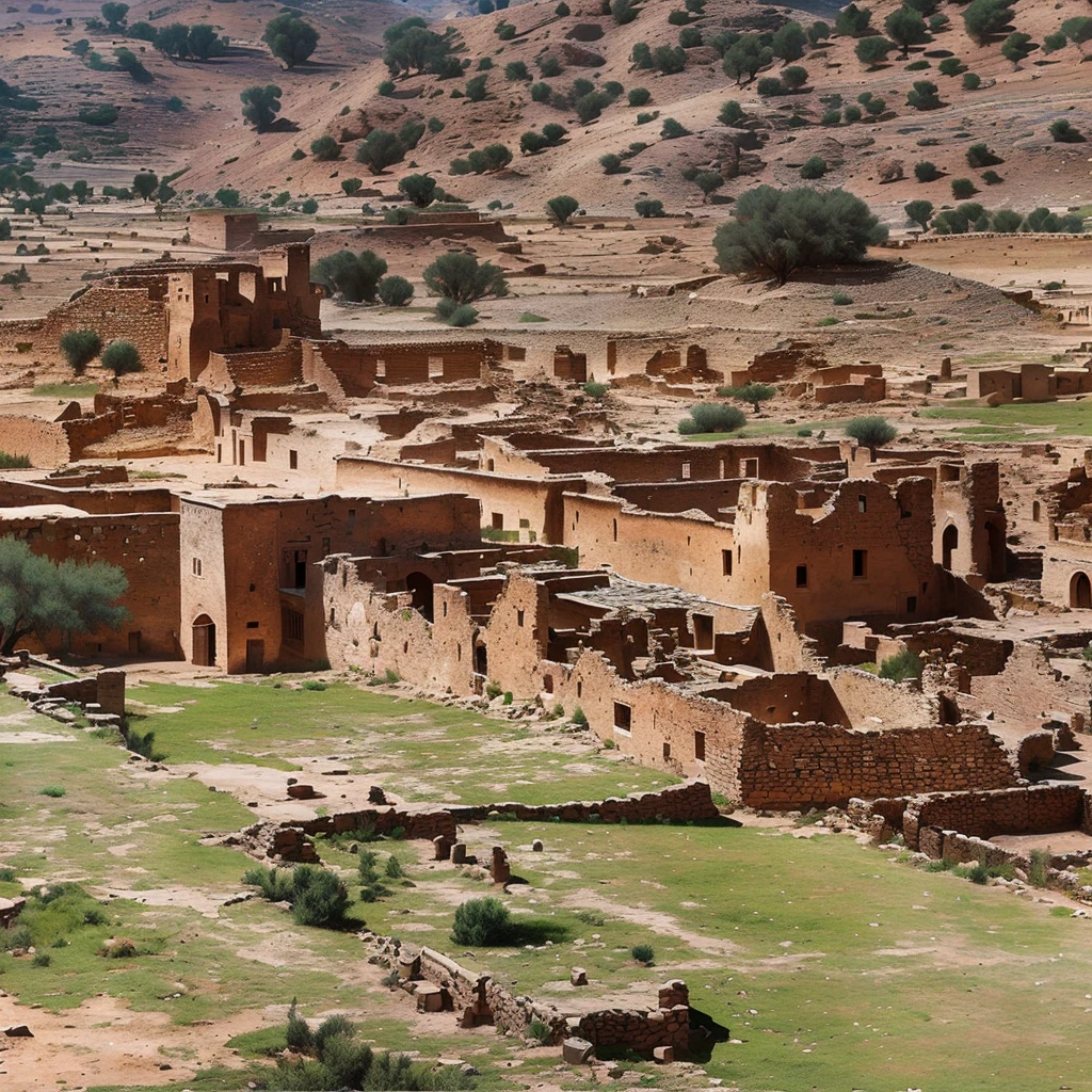 araffes in a field with a small village in the background, Morocco, panorama of crooked ancient city, ancient ruins under the desert, Historical setting, in a war-torn desert village, Ruins of the ancient city, Moroccan City, Old buildings, mud and masonry houses, in an ancient city, Buildings carved in stone, pueblo dense architecture, beautiful ancient ruins behind, several people living their daily lives, brown ancient robes