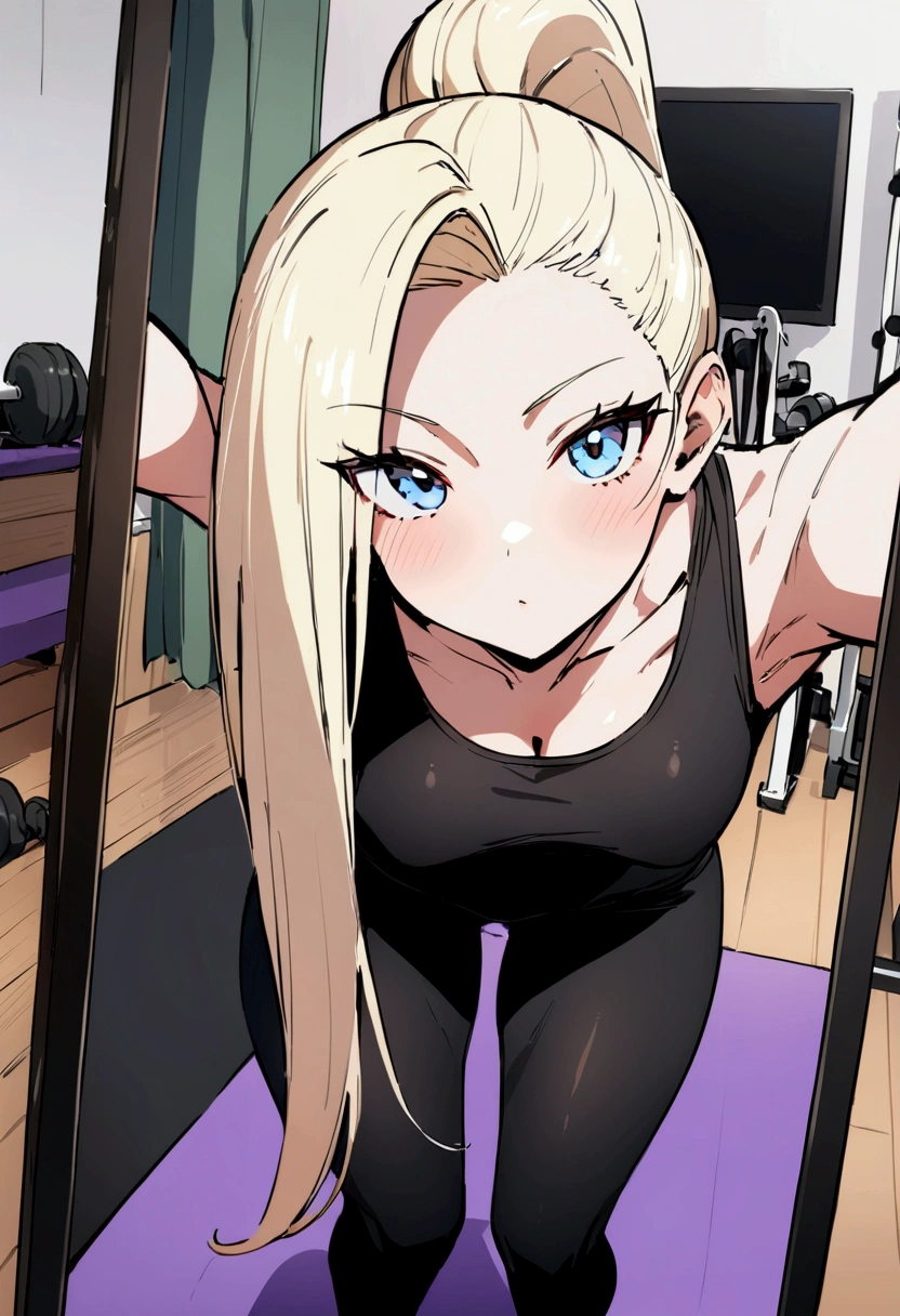 ((Best quality)), ((masterpiece)), (detailed), perfect face, yamanaka ino, black skinny leggings, in the gym, On the yoga mat, takes a selfie in the mirror