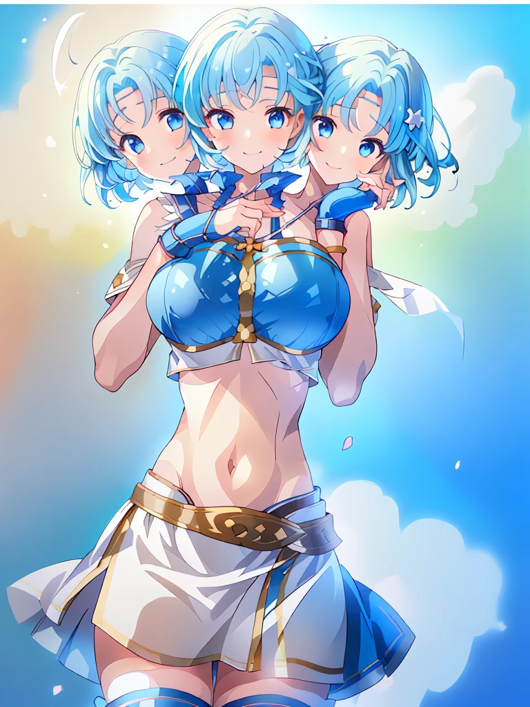 (masterpiece, best quality), best resolution, (3heads:1.5), 1girl, light blue hair, fingerless gloves, smiling, soft smile, open belly, white-blue crop top, blue-white miniskirt, open breasts, huge tits, sexy pose, hair length until shoulders, headband,
