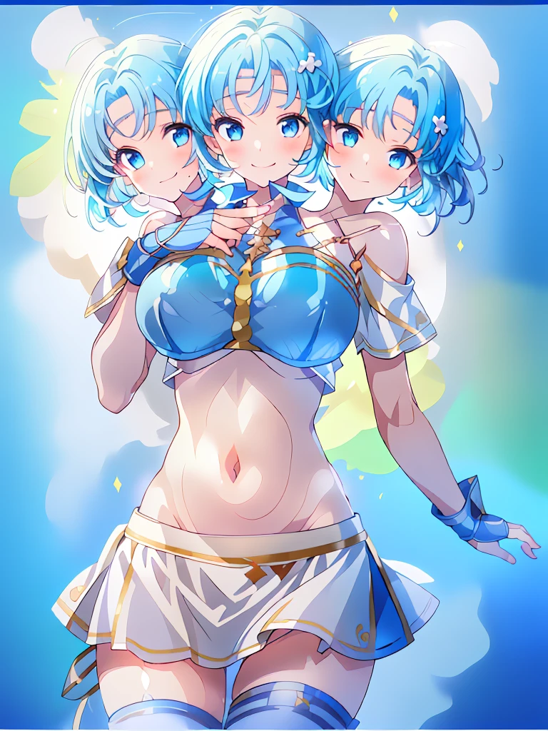 (masterpiece, best quality), best resolution, (3heads:1.5), 1girl, light blue hair, fingerless gloves, smiling, soft smile, open belly, white-blue crop top, blue-white miniskirt, open breasts, huge tits, sexy pose, hair length until shoulders, headband,
