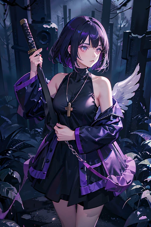 dark smokey background ,raven in background shadow covered girl, covered in shadows, lack shadows in background Anime girls, carrying katana, anime, short black hair with neon purple highlights, hair is above shoulder height, smooth beautiful, 4k, anime art, pendant on hair, cross t necklace, vivid black dress, battle armor, Deep in the forest there are stone angels all black and dark, anime dark styler,girl walking forward