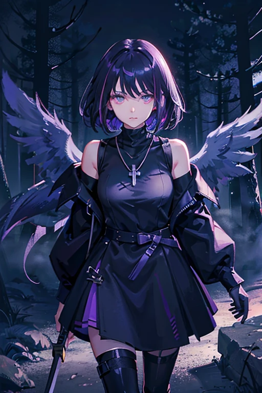 dark smokey background ,raven in background shadow covered girl, covered in shadows, lack shadows in background Anime girls, carrying katana, anime, short black hair with neon purple highlights, hair is above shoulder height, smooth beautiful, 4k, anime art, pendant on hair, cross t necklace, vivid black dress, battle armor, Deep in the forest there are stone angels all black and dark, anime dark styler,girl walking forward