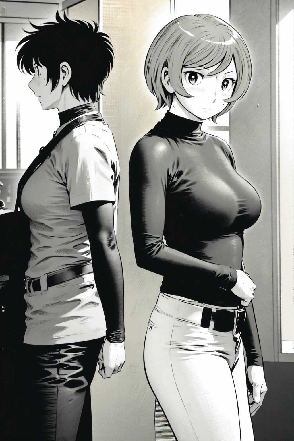 、(masterpiece、Highest quality)、Highest quality, Ultra-high resolution, (((masterpiece))), alone, Sweat、Big eyes,Tight black shirt、Tight white pants、belt、indoor、Composition from the front、(後ろCut your hair short、short hair、blonde、woman)、Shortcuts、Embarrassed face、Cut your hair short、可愛いwomanの子、Big Breasts、office