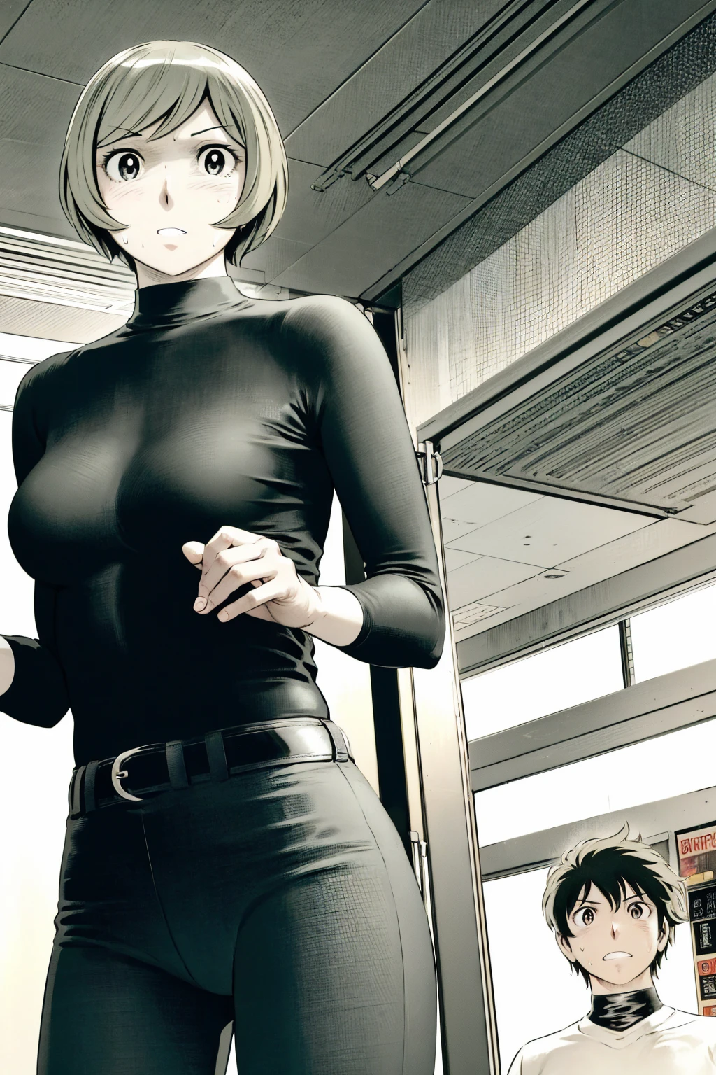 、(masterpiece、Highest quality)、Highest quality, Ultra-high resolution, (((masterpiece))), alone, Sweat、Big eyes,Tight black shirt、Tight white pants、belt、indoor、Composition from the front、(後ろCut your hair short、short hair、blonde、woman)、Shortcuts、Embarrassed face、Cut your hair short、可愛いwomanの子、Big Breasts、office