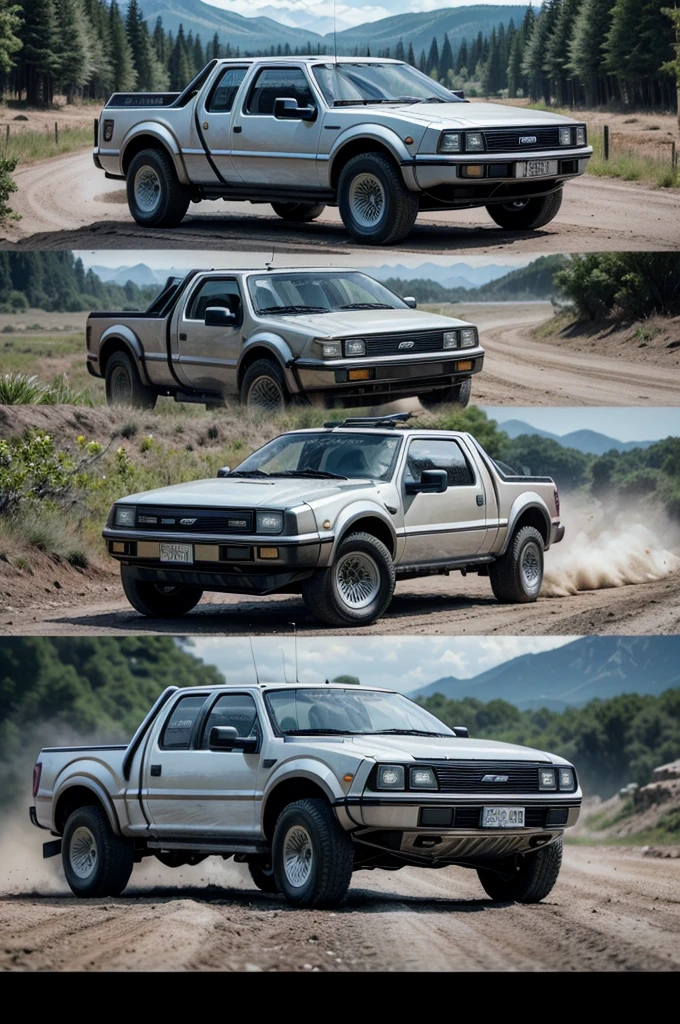 create a movie set "back to the Future" but it takes place in the age of the dinosaurs and the main car, he delorean drives a ford f150 raptor, A truck. Also that a dinosaur is running towards the truck and the truck is fleeing. 