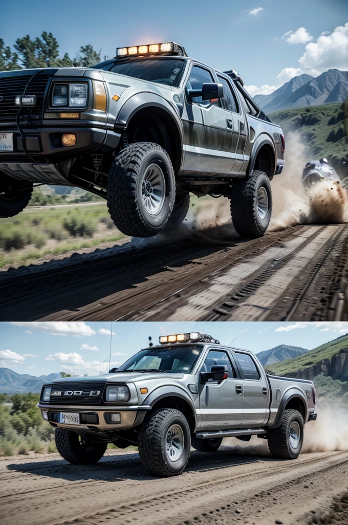 create a movie set "back to the Future" but it takes place in the age of the dinosaurs and the main car, he delorean drives a ford f150 raptor, A truck. Also that a dinosaur is running towards the truck and the truck is fleeing. 