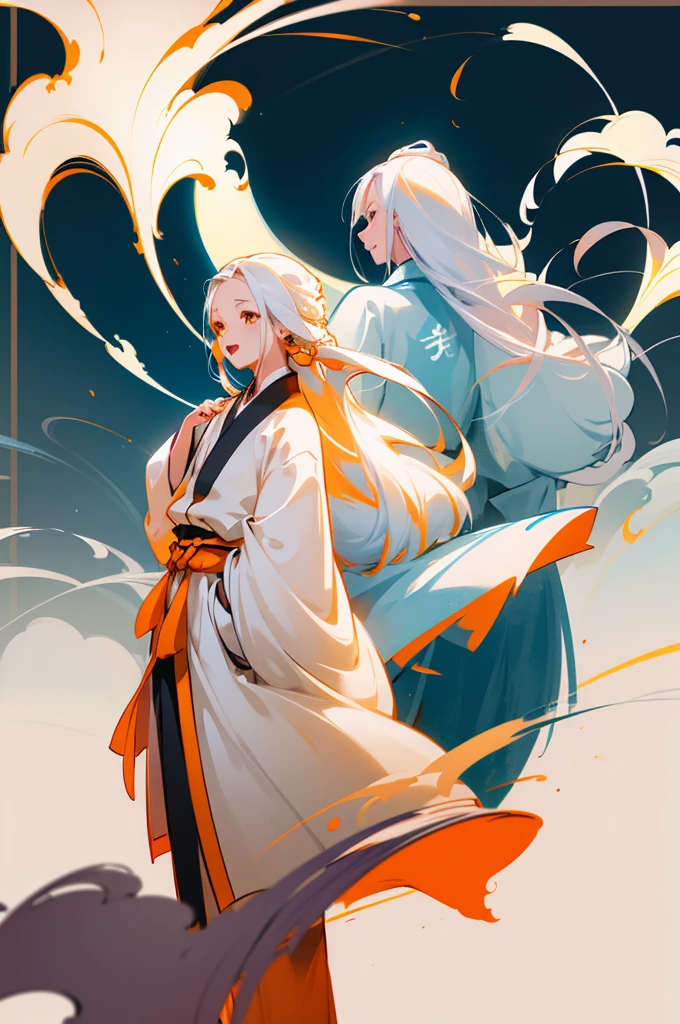 high quality , one white hair girl and one white hair boy, long hair, wuxia character, ((white clothes with blue and orange accent)), ink painting background, flat background, minimalist background, wind pattern background, smiling, standing back to back, white background, cinematic lingting, open mouth