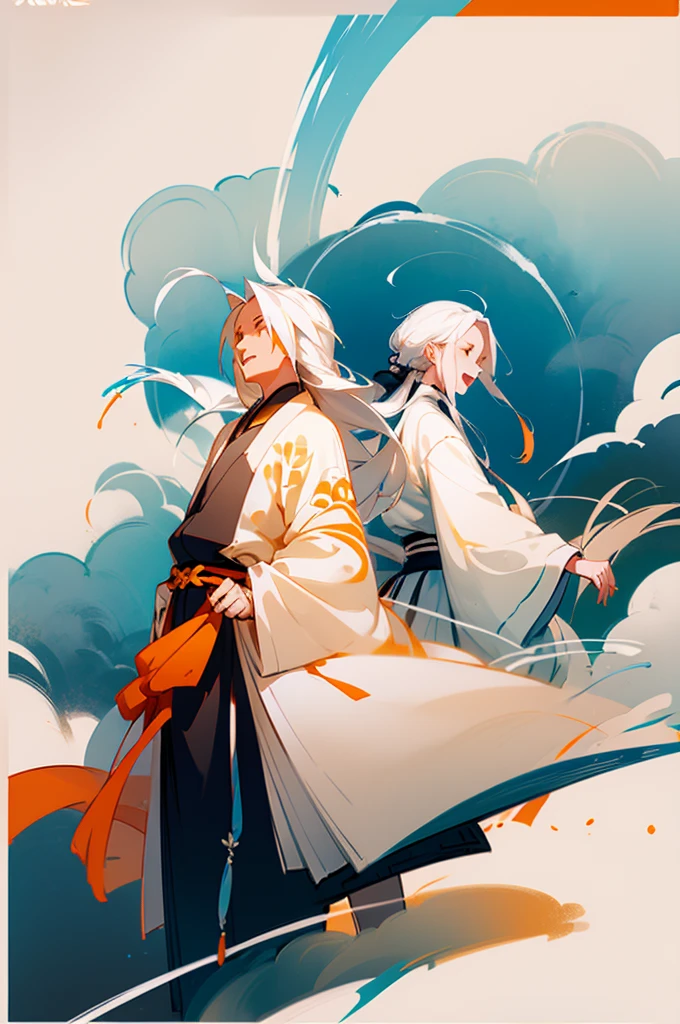 high quality , one white hair girl and one white hair boy, long hair, wuxia character, ((white clothes with blue and orange accent)), ink painting background, flat background, minimalist background, wind pattern background, smiling, standing back to back, white background, cinematic lingting, open mouth