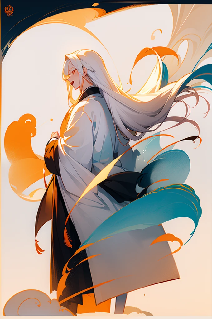 high quality , one white hair girl and one white hair boy, long hair, wuxia character, ((white clothes with blue and orange accent)), ink painting background, flat background, minimalist background, wind pattern background, smiling, standing back to back, white background, cinematic lingting, open mouth