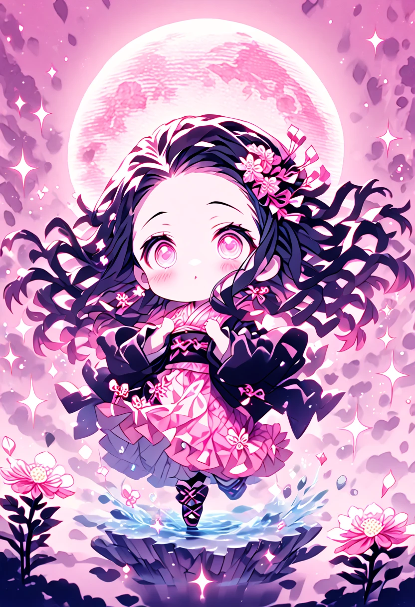 absurdres, highres, ultra detailed, HDR, master piece, best quality, extremely detailed, Kamado Nezuko chibi, black hair, expressive pink eyes, Kimetsu No Yaiba, solo, cute, black haori, pink kimono, fantasy, water, sparkling, pink glittering fireflies, pink moon, pink blossoms, pink chrysanthemums, pink sparkling lights, starry sky