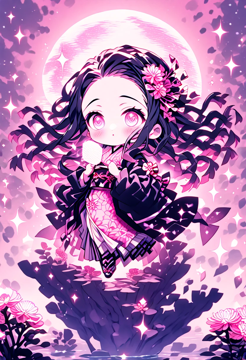 absurdres, highres, ultra detailed, HDR, master piece, best quality, extremely detailed, Kamado Nezuko chibi, black hair, expressive pink eyes, Kimetsu No Yaiba, solo, cute, black haori, pink kimono, fantasy, water, sparkling, pink glittering fireflies, pink moon, pink blossoms, pink chrysanthemums, pink sparkling lights, starry sky