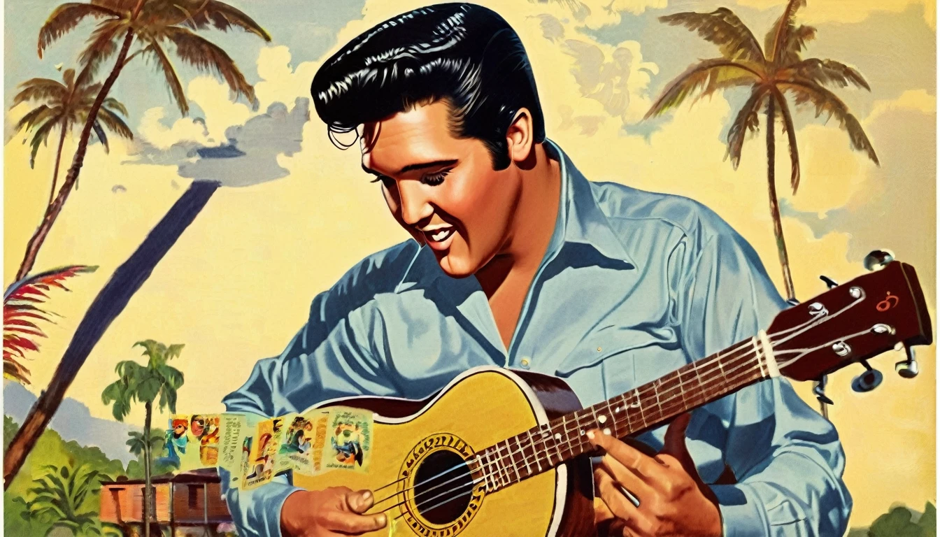 1955; Elvis Plesley tocando Ukulelê, by Genevieve Naylor
