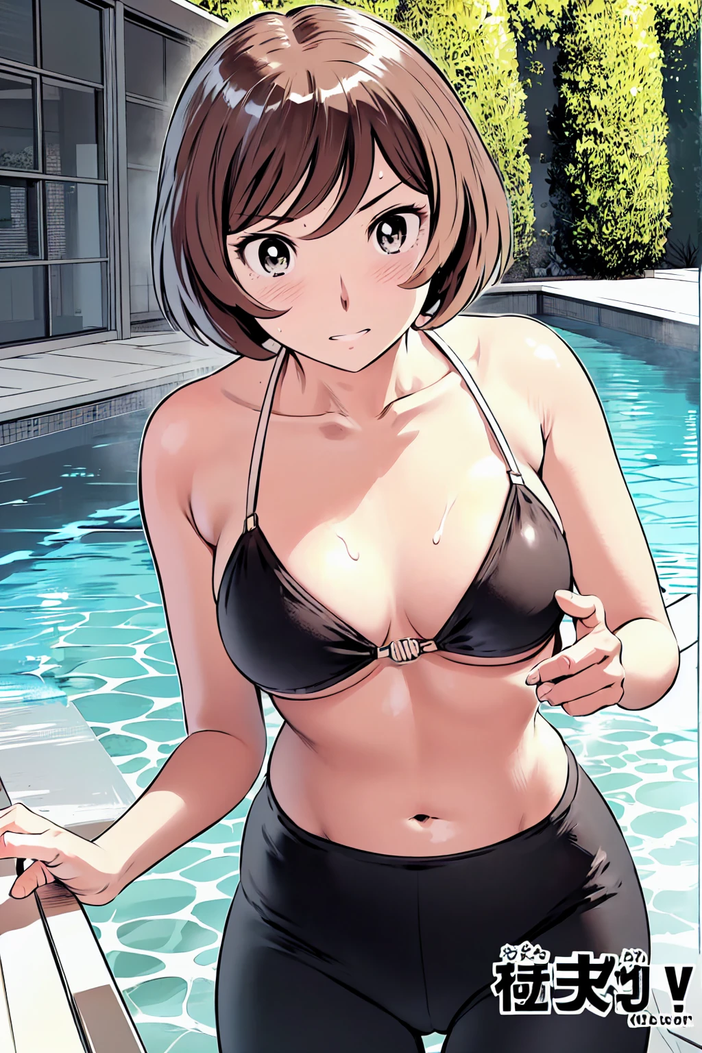、(masterpiece、Highest quality)、Highest quality, Ultra-high resolution, (((masterpiece))), alone, Sweat、Big eyes, Composition from the front、Shortcuts、Embarrassed face、Bronze colored hair、Cut your hair short、Poolside、Black Micro Bikini、belly button、short hair、(Bronze colored hair)