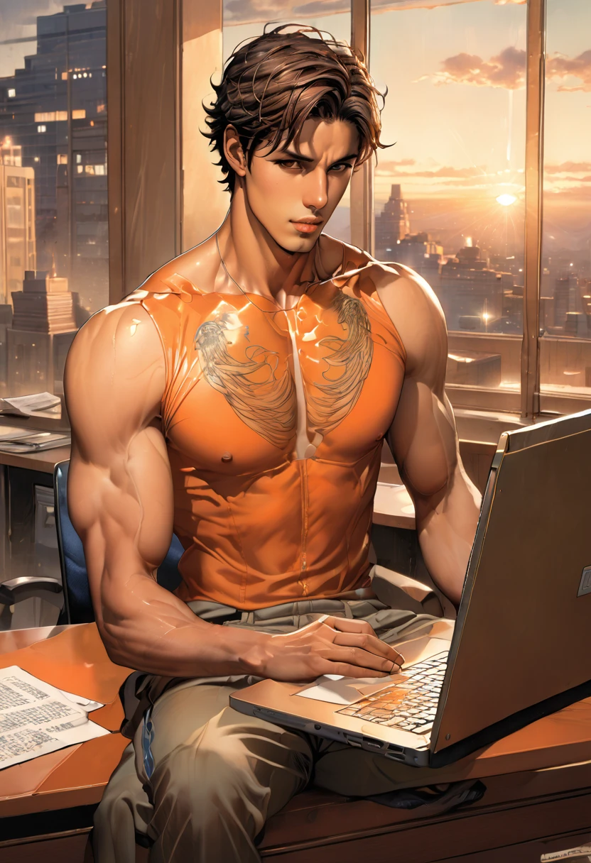 ((1 latino man sitting at a desk typing on an orange laptop in a high-chroma orange art noveaw deco office))
by Aaron Horkey and Jeremy Mann, masterpiece, best quality, Photorealistic, ultra-high resolution, photographic light, illustration by MSchiffer, fairytale, Hyper detailed
View full body,: ((wide angle shot, view from aside))
Material: anime illustration
Style: Anime+yaoi+hentai+roberto_ferri+leng_jun
Compsition: rule of thirds, the composition of shadows and lights give an atmosphere of spaciousness,
Color: gren autochrome dark intense colors palette
Lighiting: natural lighting
Gender Age: A young man, 19 years old
Race: latino,
Face: oval face, roman nose, thin lips, hard chin, large brown eyes, short black wavy hair,
Body: cinamoon skin, hairy body, realistic skin, gorgeous, detailed tonned muscles, barefoot, perfect anatomy, muscled fitness body, aesthetic slim athletic body, perfect anatomy, , energetic splendid, slim and detailed muscles
Action: he is sitting at a desk typing on an orange laptop in a high-chroma orange art noveau deco office
Wearing: He is wearing shirtless, pantless, fullbody, wearing sandals
Background: auto high-chroma orange art nuveau deco office, with large windows to see the stormy night, drops of water on the windows glass
Complements: best quality, Photorealistic, ultra-high resolution, photographic light, Hyper detailed A mixture of photography and painting, simetryc Composition, Perfect Divine Proportione, 8k resolution