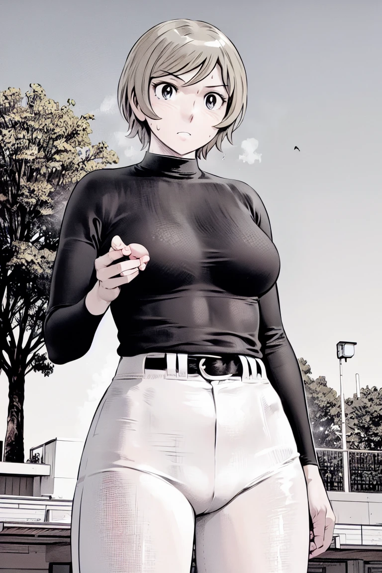 (野球uniform:1.2),
blonde, (short hair:1.2),Long sleeve, Black Shirt, turtleneck,White trousers、uniform、Black belt、((Illustration of people))、big 、Covered in mud、Soil stains、ドロドロのuniform、
View your viewers,, (Highest quality:1.3),One Girl, White pants、uniform、Outdoor、baseball ground、ground、soil、blue eyes、Tight black shirt、(masterpiece、Highest quality)、Highest quality, Ultra-high resolution, (((masterpiece))), alone, Sweat、big eyes、big Breasts、Torn clothes、 Fully exposed、Nipples、One Girl, Front view、Embarrassed face、Bronze colored hair、((short hair))、Stand up straight、Cowboy Shot