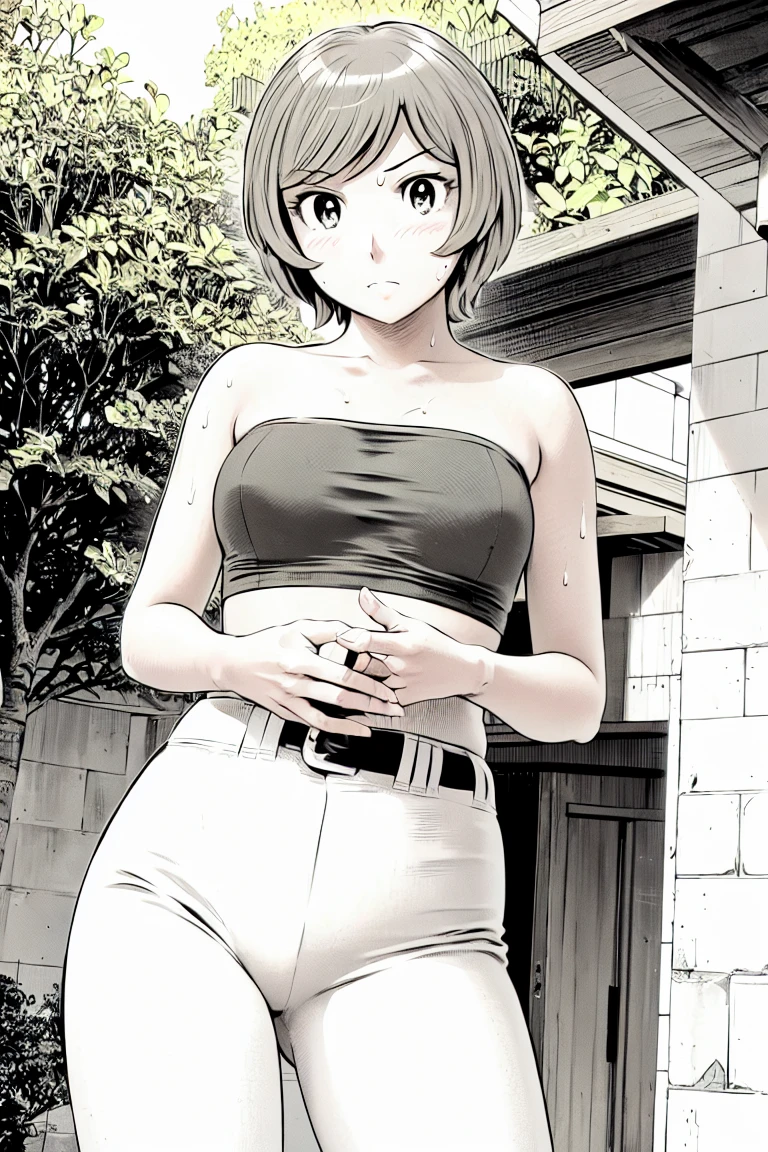 (Baseball uniforms:1.2),
blonde, (short hair:1.2),White trousers、Black belt、((Illustration of people))、Tube top bra、
View your viewers,, (Highest quality:1.3), White pants、Outdoor、baseball ground、ground、soil、blue eyeasterpiece、Highest quality)、Highest quality, Ultra-high resolution, (((masterpiece))), alone, Sweat、Big eyes、Large breasts、Torn clothes、 Fully exposed、Nipples、One Girl, Front view、Embarrassed face、Bronze colored hair、((short hair))、Stand up straight、Cowboy Shot