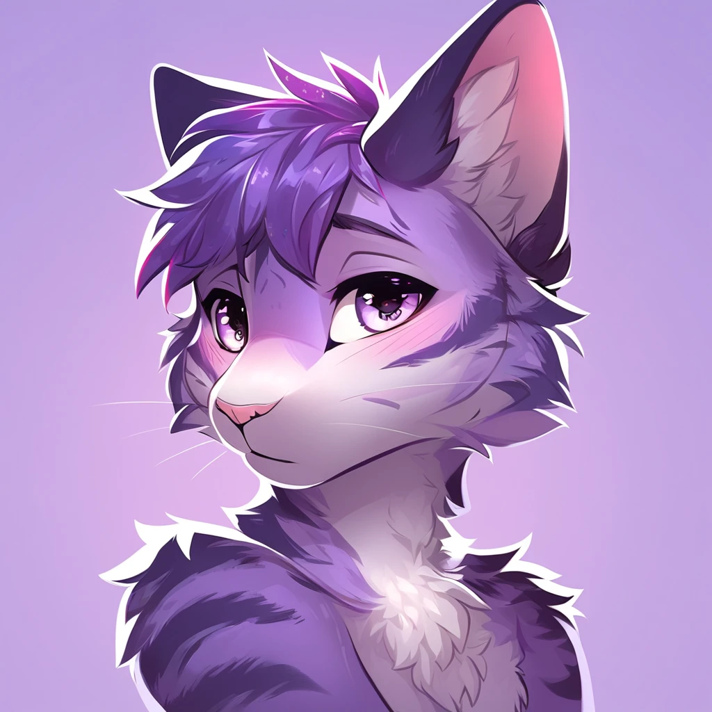 adult, feline, mammal, anthro, anthropomorphic, cat, striped, fur, striped_feline, fur, male, light_purple_fur, purple_hair, fluffy, white_chest, shy, small_pupils, digital_art, high_resolution, high_res, detailed, hand-drawn, pencil_lines, head_visible, background, neck_visible, seductive_face, detailed_line_work, profile_picture, head_visible, neptune_background, purple_background, cute, white, posing, paw_fingers, individual_fingers, finger_paws, dream_pose, headshot, head_only, small_pupils, seductive_face, tufts, paws, chest, glossy_fur, vibrant_colors, expressive_eyes, elegant_pose, high_quality