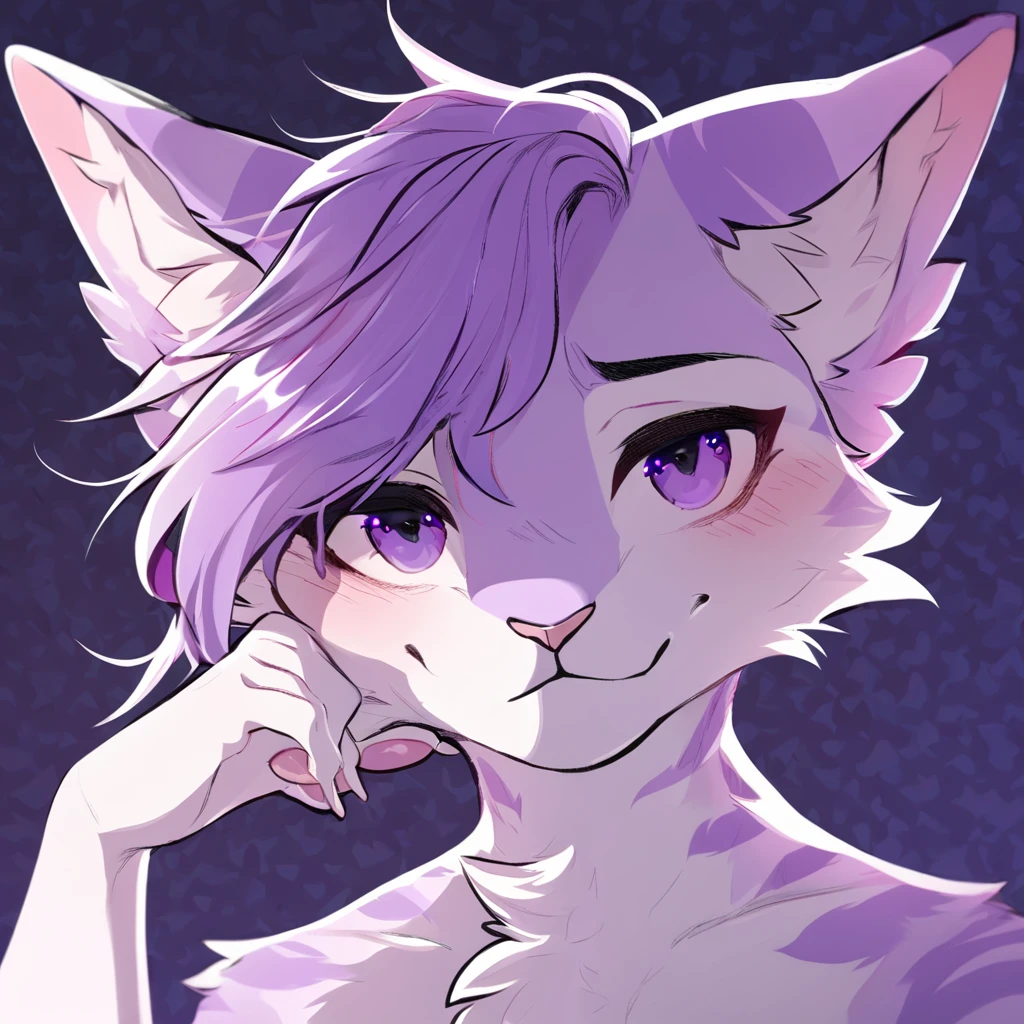 adult, feline, mammal, anthro, anthropomorphic, cat, striped, fur, striped_feline, fur, male, light_purple_fur, purple_hair, fluffy, white_chest, shy, small_pupils, digital_art, high_resolution, high_res, detailed, hand-drawn, pencil_lines, head_visible, background, neck_visible, seductive_face, detailed_line_work, profile_picture, head_visible, neptune_background, purple_background, cute, white, posing, paw_fingers, individual_fingers, finger_paws, dream_pose, headshot, head_only, small_pupils, seductive_face, tufts, paws, chest, glossy_fur, vibrant_colors, expressive_eyes, elegant_pose, high_quality