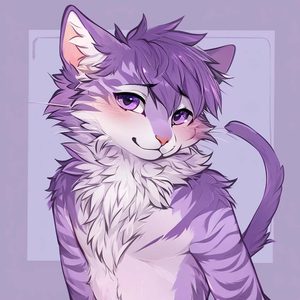 adult, feline, mammal, anthro, anthropomorphic, cat, striped, fur, striped_feline, fur, male, light_purple_fur, purple_hair, fluffy, white_chest, shy, small_pupils, digital_art, high_resolution, high_res, detailed, hand-drawn, pencil_lines, head_visible, background, neck_visible, seductive_face, detailed_line_work, profile_picture, head_visible, neptune_background, purple_background, cute, white, posing, paw_fingers, individual_fingers, finger_paws, dream_pose, headshot, head_only, small_pupils, seductive_face, tufts, paws, chest, glossy_fur, vibrant_colors, expressive_eyes, elegant_pose, high_quality