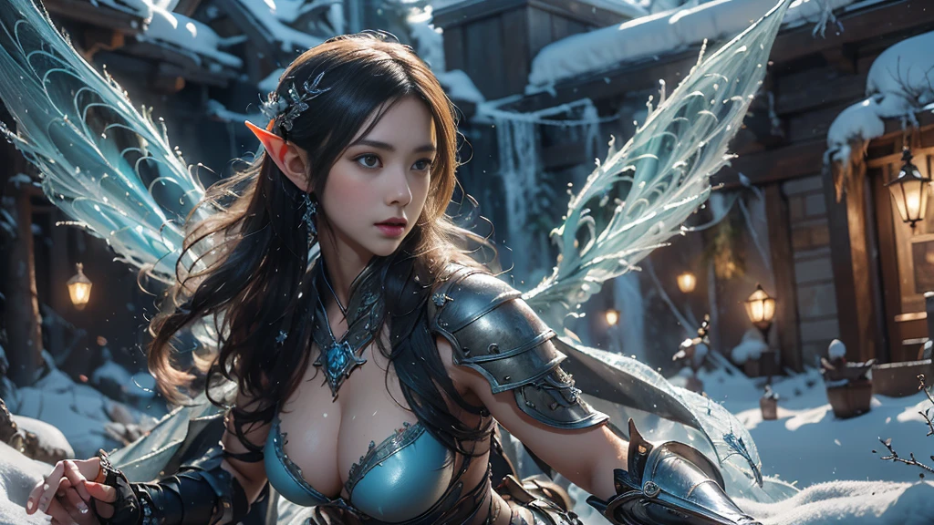 Close-up of woman holding sword and armor, Armor Girl, 2. 5D CGI anime fantasy artwork, Large Breasts,Epic fantasy digital art style, detailed Digital 2D fantasy art, Digital 2D fantasy art, original photo, (best quality:1.3), high resolution, (masterpiece), (lifelike:1.4), Professional photography, Clear focus, High Dynamic Range, 8k resolution, Intricate details, Fine details, Depth of Field, Extremely detailed CG unified 8k wallpaper, masterpiece,poster,best quality,Official Art,(Beauty and aesthetics:1.2),(masterpiece:1.3),Female Elf,individual,Light Leather Armor,complex pattern,snow,castle,Medium distance photography,(early morning),dramatic,Glowing Wings,