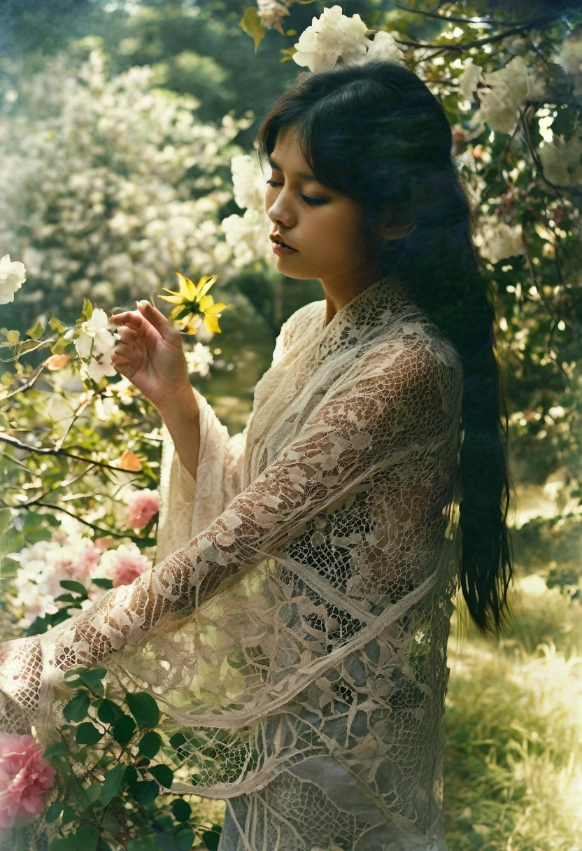 Ethereal Beauty in a Garden, digital art photograph, beautiful asian supermodel's face and body obscured by flowers, lace-trimmed garment, soft lighting, translucent fabrics, ethereal quality, dreamlike atmosphere, subtle colors, natural garden setting, Sally Mann-inspired style.
