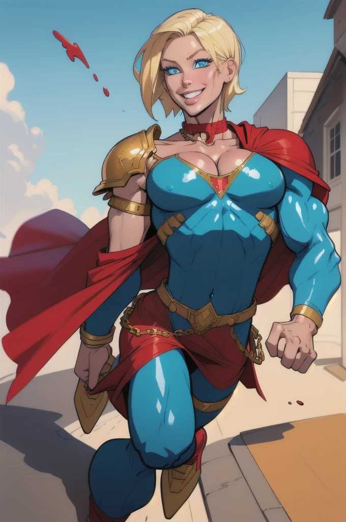 Young female, blonde with short hair, with big, bright blue eyes, wearing a blue costume, defined chest, wearing a golden shoulder pad in the shape of an eagle, with a golden chain running across his chest holding a red cape Smiling with blood splash on face and clothes