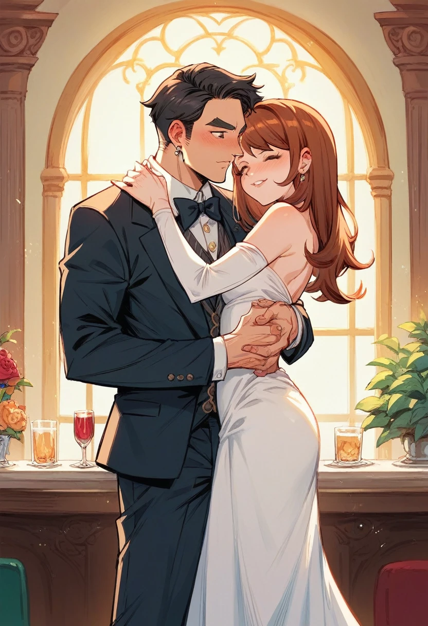 Gloria Pires and Paulo Rocha in a luxurious restaurant hugging each other, Gloria Pires wearing a white dress with shiny stones and Paulo Rocha with a luxurious black suit