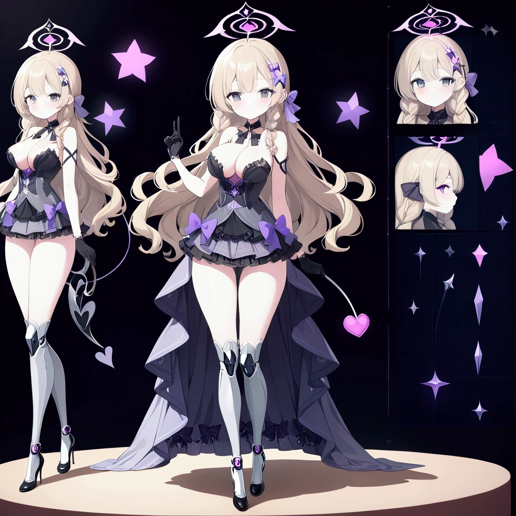 Woman 170cm tall, big chest, wide hip. (character design sheet: front view). (blonde hair, hip length curly wavy hair, It&#39;s set in big side bangs., She has a short double braid tied with an elegant purple bow on the left side of her hair above her chest. She has a short double braid tied with an elegant purple bow on the right side of her hair above her chest. She has small ribbons in the back of her hair.). Gray eyes with a purple 4-pointed star in the pupil. Two black and purple serval ears located on the top of the head. Luminous black halo with purple star patterns above his head. black necklace with a heart emblem on the neck. (Elegant one-piece long dress with lace and ruffle skirt, ribbon decorations and star patterns on the dress). black gloves, beautiful black platform heels. gray belt at the waist with a large ribbon with a luminous pink heart in the middle. He has a complex demon tail with a small purple star on the tip.. (It has complex mechanical legs that reach up to the thighs and are black with small purple details.). beautiful detailed hair, beautiful detailed dress. extremely detailed arms. extremely detailed face, small face, Beautiful detailed eyes, beautiful detailed lips. adorable. extremely detailed legs. (Best Quality, 4k, 8k, high resolution), ultra detailed, Exquisite and epic character art.