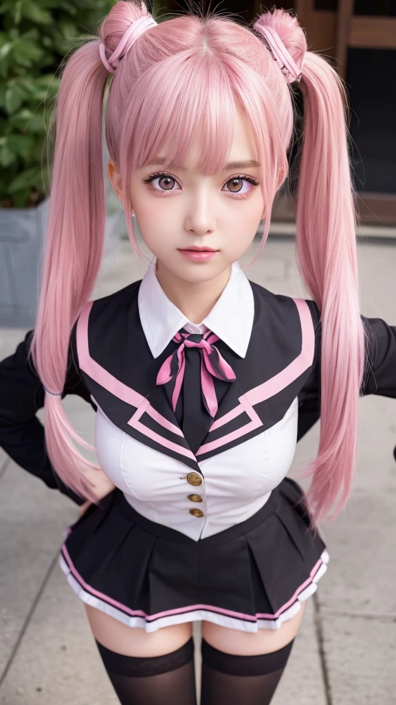 (Highest quality,Very detailed,1 Girl),black tights,Pink Hair,height: 160cm,cute,Pink Eyes,Twin tails,Big Breasts,Wear a uniform,Her eyes are white and shining,Look at me from up close,Has bright white eyes,