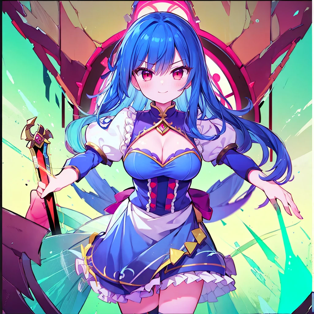 (masterpiece),best quality, perfect face, 1girl, beautiful, legendary hero girl, blue armor, blue long hair, Red eyes, evil smile, medium breast, cleavage, holding a sword, looking at viewer, fantasy background,