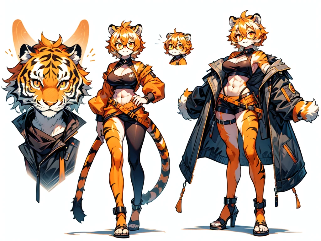 white background, full body, ((furry female:1.2)), Standing, animal ears, white hair, black hair, short hair, large breasts, muscle, tail, orange eyes, orange hair, multicolored hair, tiger girl, hair between eyes, tiger_ears, tiger_tail, orange-tinted_eyewear, tinted_eyewear, big breasts, evil smile, Shadows under feet, Abdominal muscles, (((canonicals, outfit:1.2))), nsfw