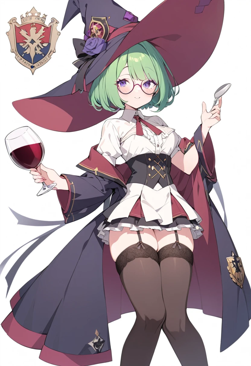 A large witch's hat with a wide frill and a purple rose decoration, a robe with the Duke's coat of arms on the sleeve, a cream-colored blouse, a wine-red ribbon tie, a high-waisted skirt, garter stockings, and pumps.

Curly short cut, green hair, large round glasses