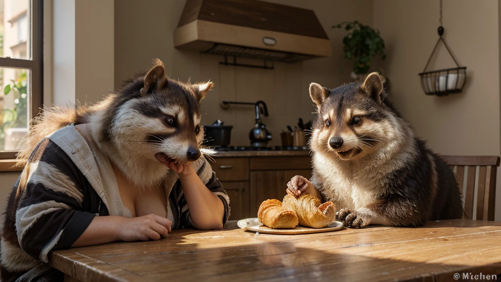 Ultra-realistic, whimsical caricature in 3D, oil painting in watercolor of two 60-year-old raccoon dogs, slightly overweight, just-woken women, hair everywhere, a little disheveled, sitting at the kitchen table with a croissant and coffee, looking sleepy and fluffy, with a mischievous squirrel stealing their croissant.