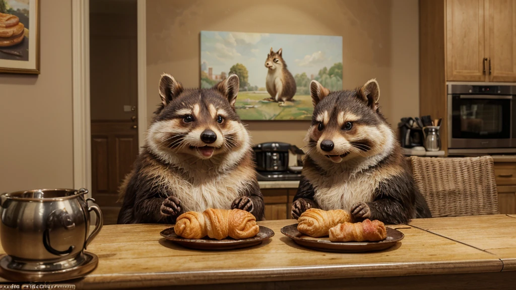 Ultra-realistic, whimsical caricature in 3D, oil painting in watercolor of two 60-year-old raccoon dogs, slightly overweight, just-woken women, hair everywhere, a little disheveled, sitting at the kitchen table with a croissant and coffee, looking sleepy and fluffy, with a mischievous squirrel stealing their croissant.