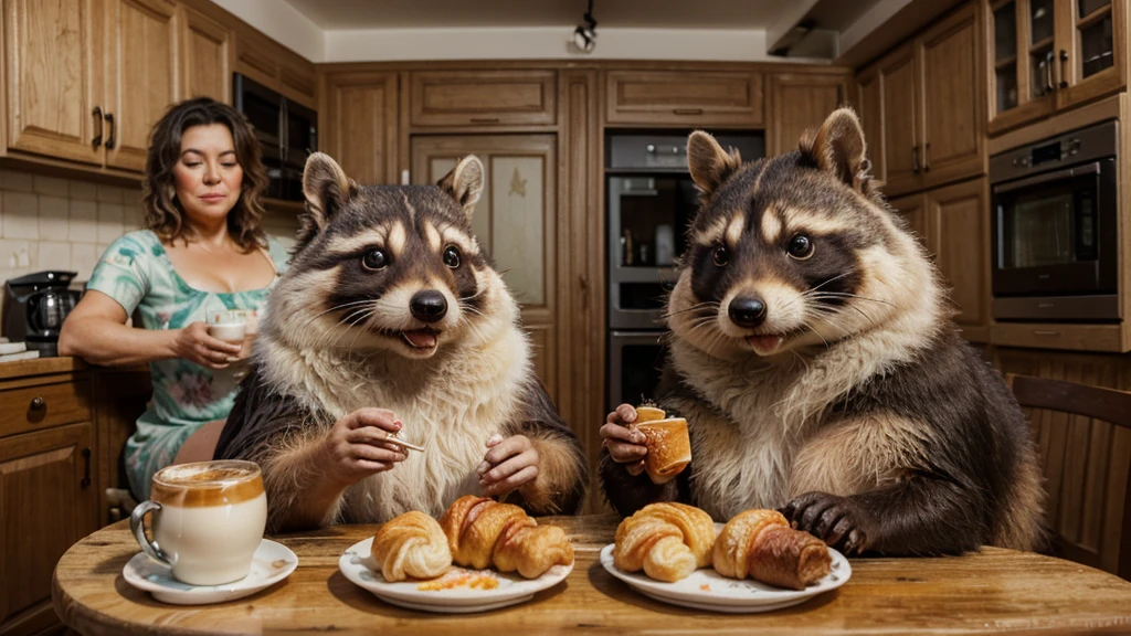 Ultra-realistic, whimsical caricature in 3D, oil painting in watercolor of two 60-year-old raccoon dogs, slightly overweight, just-woken women, hair everywhere, a little disheveled, sitting at the kitchen table with a croissant and coffee, looking sleepy and fluffy, with a mischievous squirrel stealing their croissant.