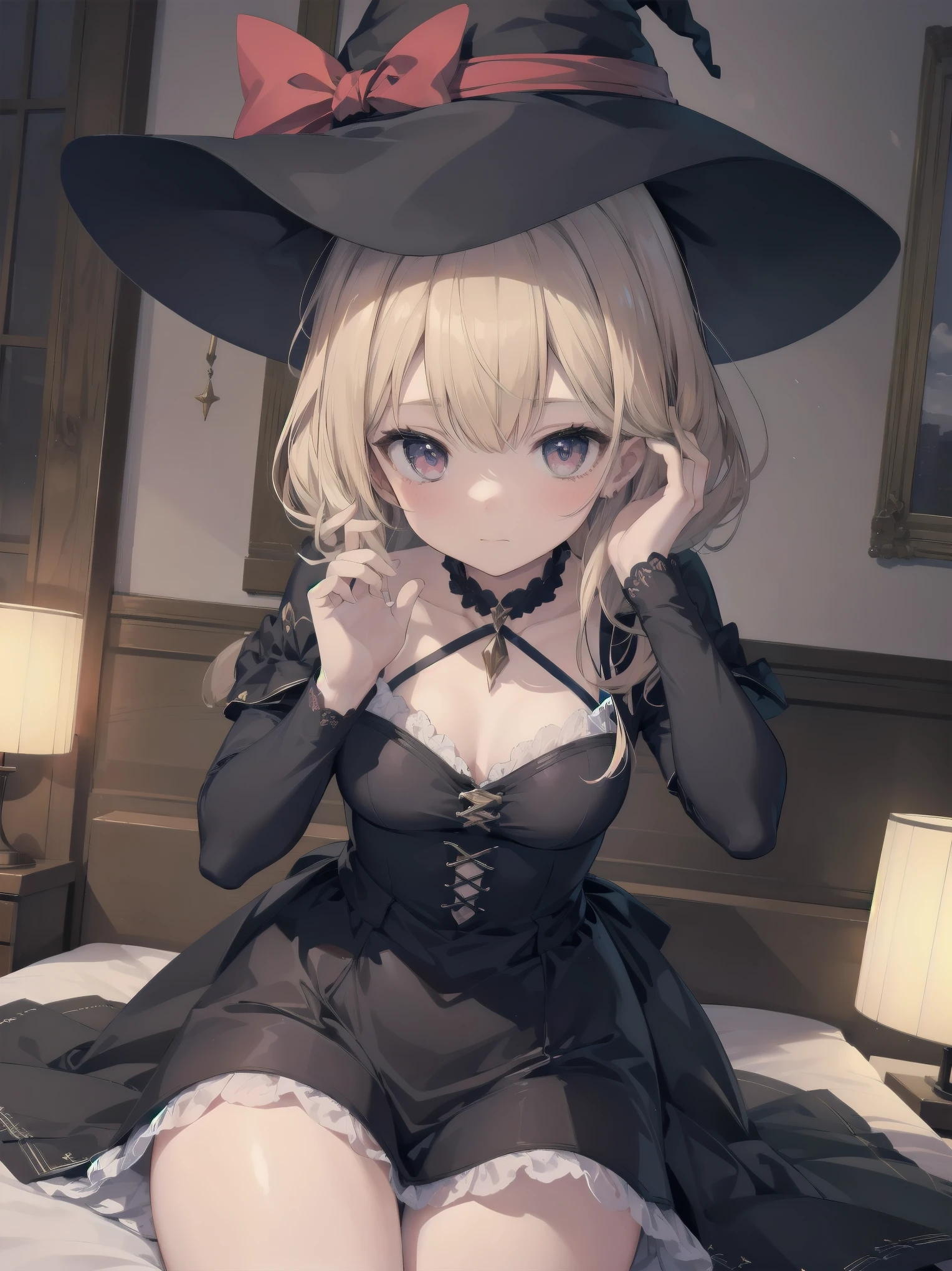 masterpiece, illustration, super detailed, kawaii, one girl, solo, witch in super cute pose, bed room, cowboy shot ,sfw, Dynamic angle