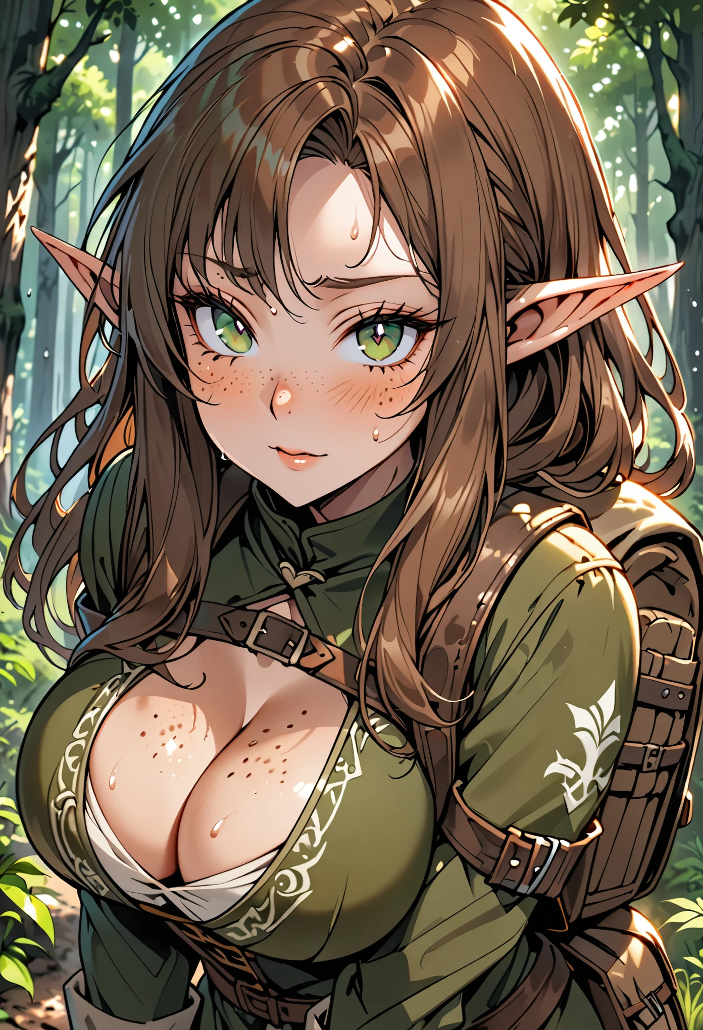 solo, female, elf, huge pointed ears, huge breasts, long hair, brown hair, dark green eyes, forest ranger, forest, rucksack, freckles, medieval, cleavage: 0.3, sweat, lustful expression, heart-shaped pupils, ecstatic pose