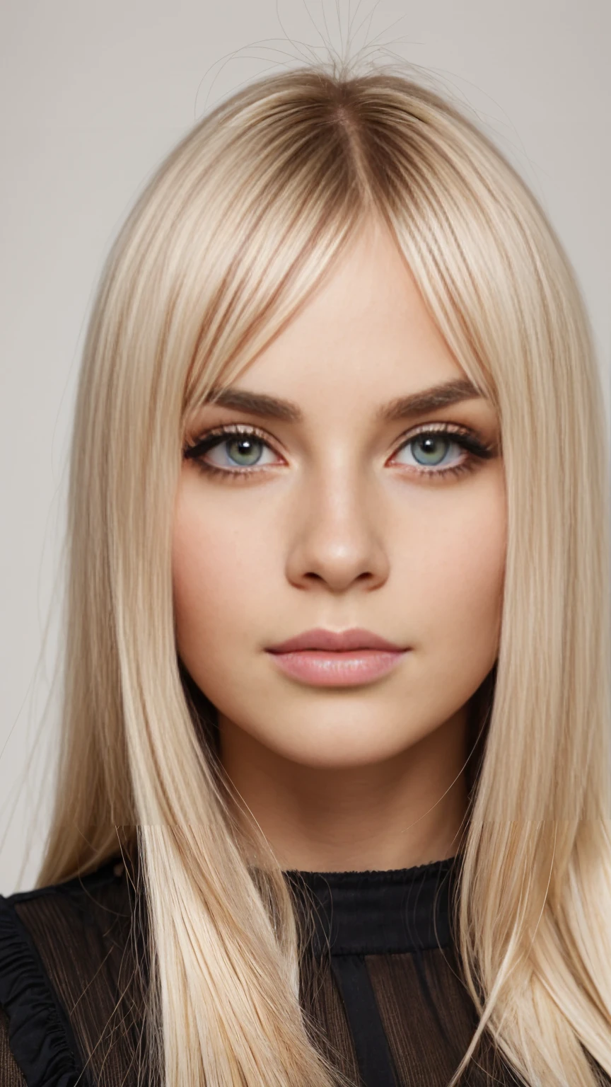 front view, cute, Sweden Young girl, 25 years old, (Highly detailed face, Ordinary eyes, Long eyelashes, Tapered eyebrows, gold hair, fringe, Variegated eyes, Fuller lips, little Lips,