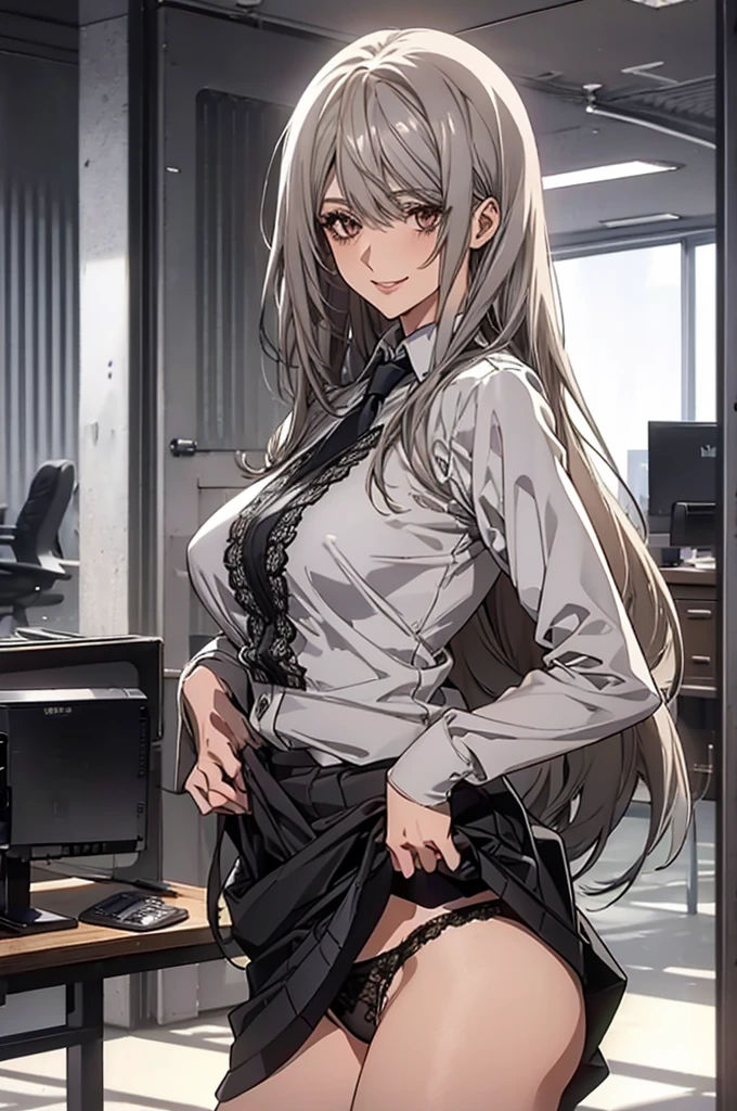 (Highest quality, High resolution, Very detailed), 1 female, Silver Hair, Long Hair, Reddish brown eyes, office staff suit skirt, lace thong, secretary, 24th generation, Beautiful woman, mature, quiet, Calm, Large Breasts, A small smile, office,